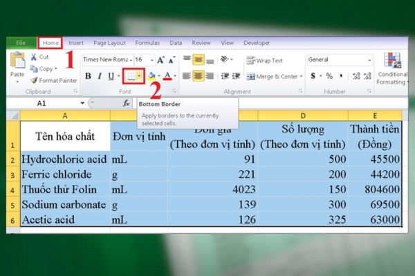 Tạo bảng, kẻ ô trong Excel với công cụ Border bước 1