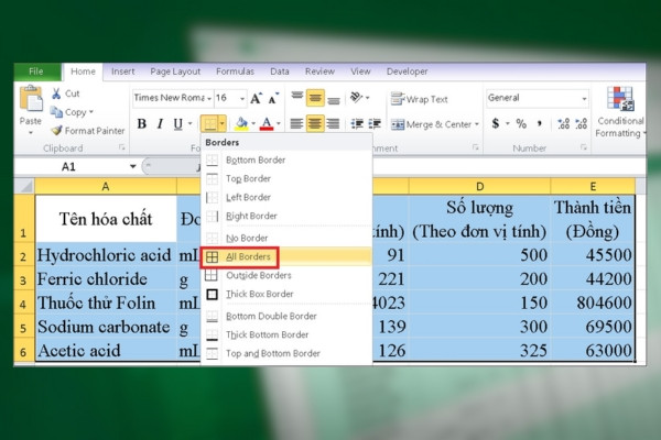 Tạo bảng, kẻ ô trong Excel với công cụ Border bước 2