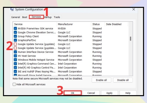 Tắt cập nhật service Google bước 2 Tắt cập nhật service Google bước 2