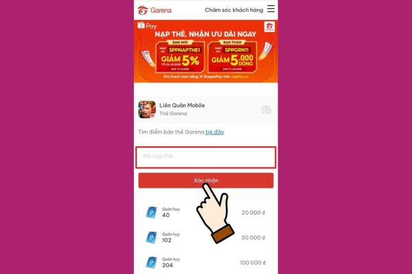 Cách nạp mã thẻ Garena đã mua trên MoMo 3