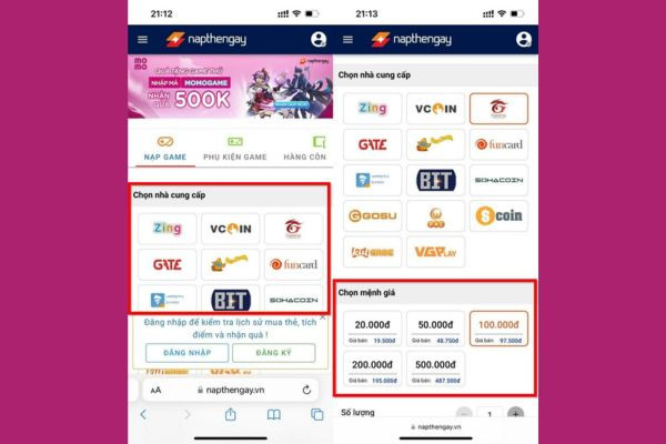 Cách nạp thẻ Garena MoMo 1