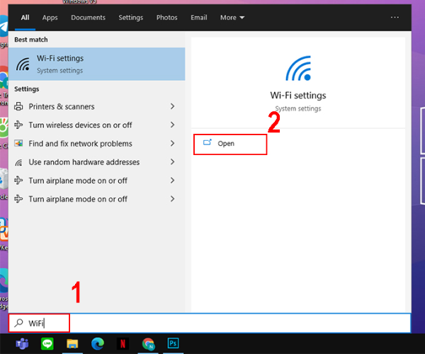 Mở WiFi trên laptop trong cài đặt bước 1