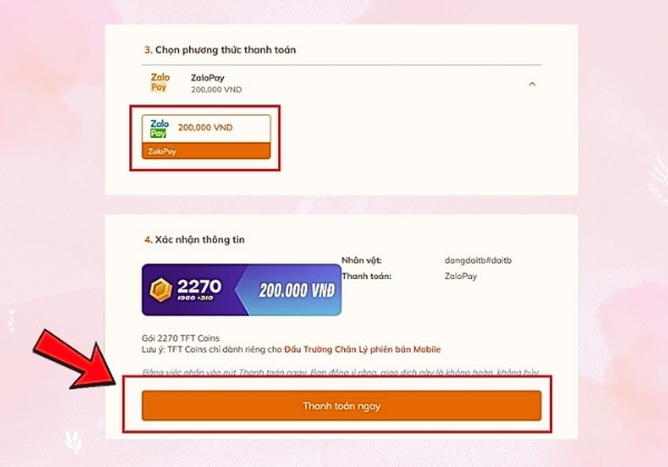 Nạp thẻ Đấu trường chân lý qua ví Zalo Pay bước 2 Nạp thẻ Đấu trường chân lý qua ví Zalo Pay bước 2