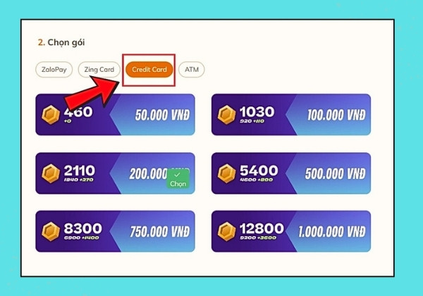 Nạp xu qua thẻ Credit bước 1 Nạp xu qua thẻ Credit bước 1