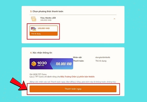 Nạp xu qua thẻ Credit bước 2 Nạp xu qua thẻ Credit bước 2