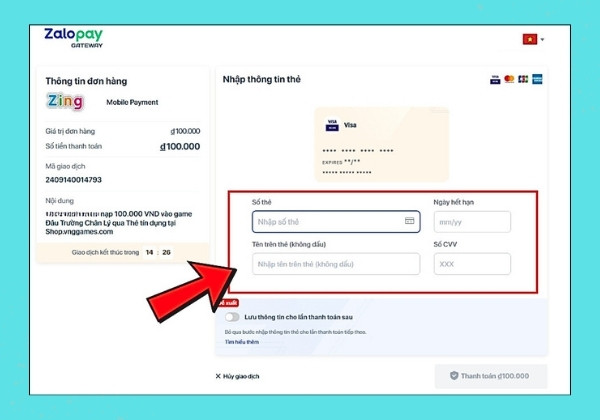 Nạp xu qua thẻ Credit bước 3 Nạp xu qua thẻ Credit bước 3