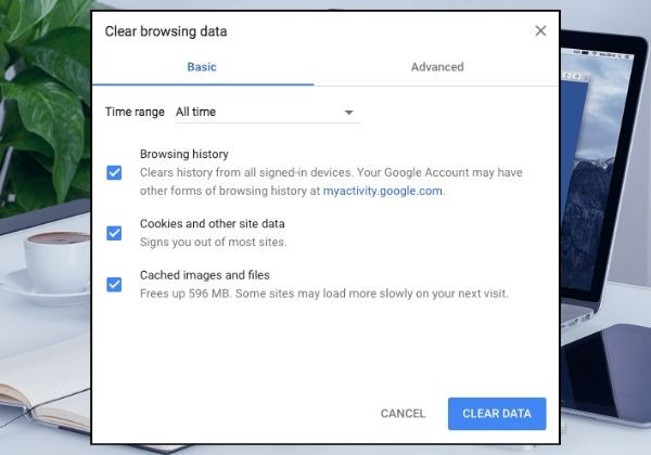 Xóa bộ nhớ cache và cookie bước 1.2