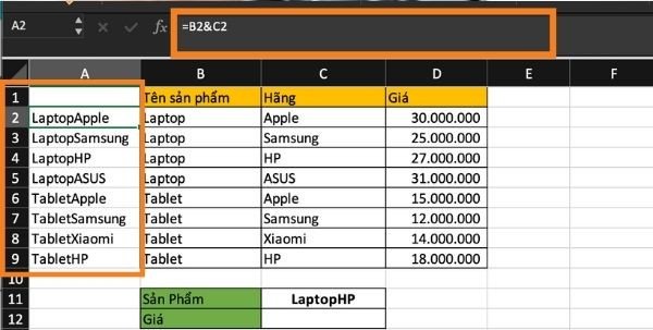 Cách sử dụng Vlookup 2 điều kiện bước 1 Cách sử dụng Vlookup 2 điều kiện bước 1
