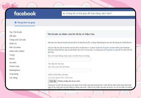 Đối với trường hợp tài khoản Facebook bị vô hiệu hóa do báo cáo mạo danh bước 1