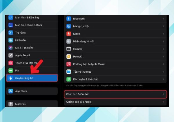 Kiểm tra pin iPad bị chai qua Cài đặt quyền riêng tư bước 1