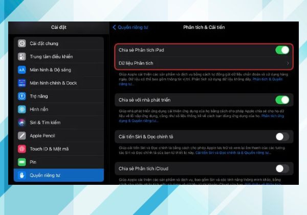 Kiểm tra pin iPad bị chai qua Cài đặt quyền riêng tư bước 2