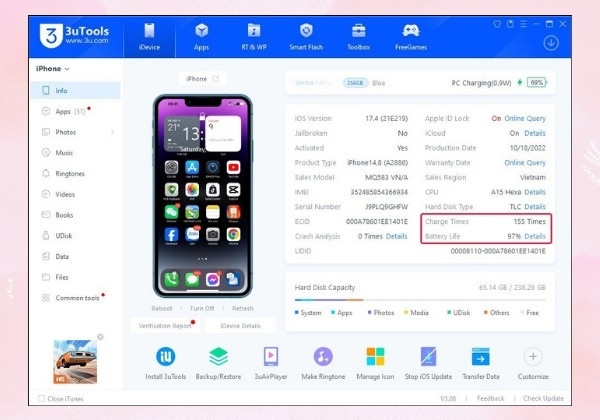 Kiểm tra số lần sạc pin bằng phần mềm chuyên dụng 3uTools 3
