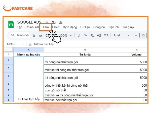 Cách cố định 1 cột trong Google Sheet bước 2