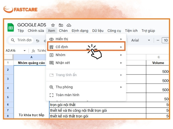 Cách cố định 1 cột trong Google Sheet bước 3