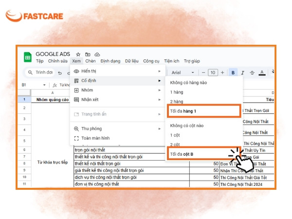 Cách cố định hàng và cột cùng lúc trong Google Sheet bước 3