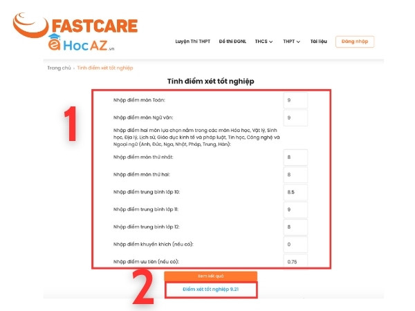 Hocaz.vn - web tính điểm tốt nghiệp THPT